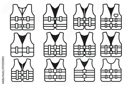 Collection of vector life jacket icons in various styles and designs