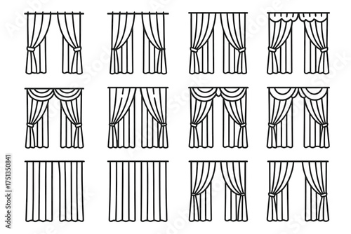 Variety of curtain designs: classic drapes, valances, and panels in black and white illustrations