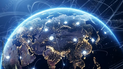 Global Network Connectivity Visualization Over Earth at Night with Lights