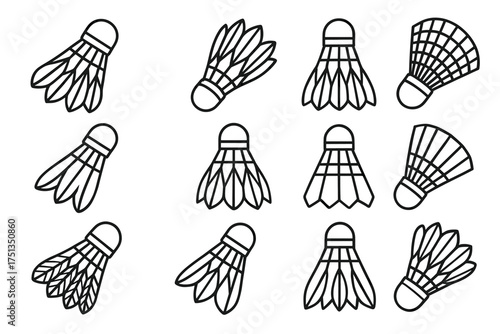 Collection of black and white shuttlecock outlines for badminton enthusiasts