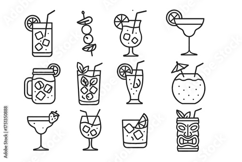 Line art collection of 12 refreshing cocktails with garnishes and glasses