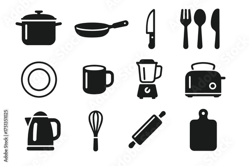 Essential kitchen utensils silhouette icons set for cooking enthusiasts