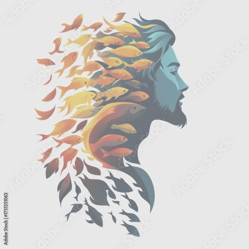 Artistic representation of a man's profile merging with vibrant fish in a colorful, surreal design - Low Contrast