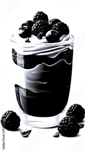 Layered dessert with chocolate, coffee, and fresh berries in a clear glass cup at a cafe