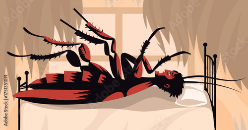 man transforming into metamorphosis insect in bedroom