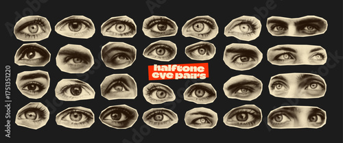 28 Eye Halftone Collage Elements. Isolated cut-out eyes. Retro vintage collage concept. Perfect for collages, posters, album covers, zines, stickers, and social media visuals.