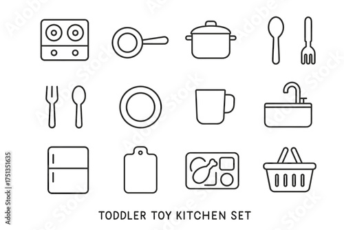Toddler toy kitchen set with utensils cookware and appliances illustration
