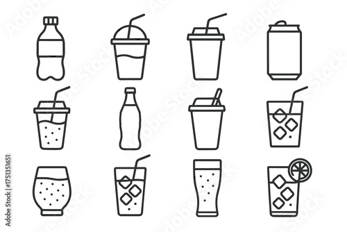 Outline icons of various drink containers and glasses with straws and ice cubes