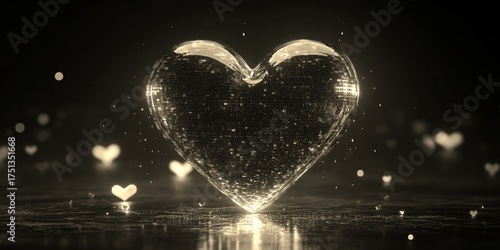 Heart shaped crystal glows brightly against a background with smaller hearts scattered around