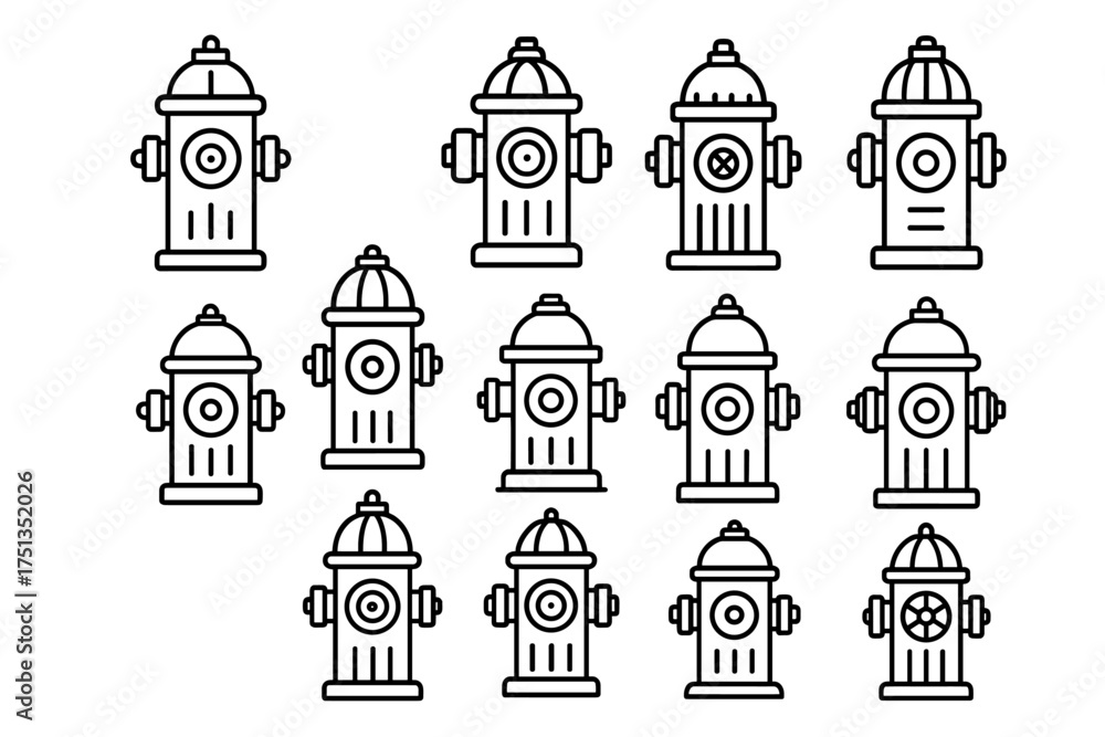 Naklejka premium Set of twelve outline fire hydrant icons in black and white