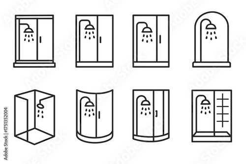 Collection of shower enclosure line icons featuring various designs and styles