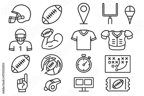 American football icons set: helmet, ball, jersey, playbook, whistle, stopwatch, goalpost