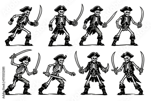 Skeleton pirates in various poses wielding swords and dressed in pirate attire