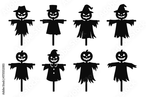 Set of eight halloween scarecrow silhouettes with pumpkin heads
