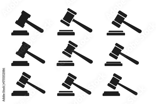Black gavel icons set: various legal and auction symbols in silhouette
