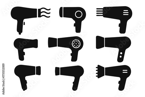 Collection of black hair dryer silhouettes with various designs