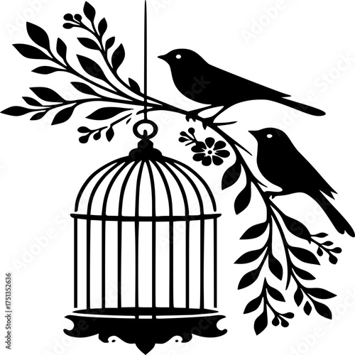 Freedom's Silhouette: An evocative silhouette showcases a birdcage, a symbol of confinement, juxtaposed with two birds perched freely on branches, representing liberty.
