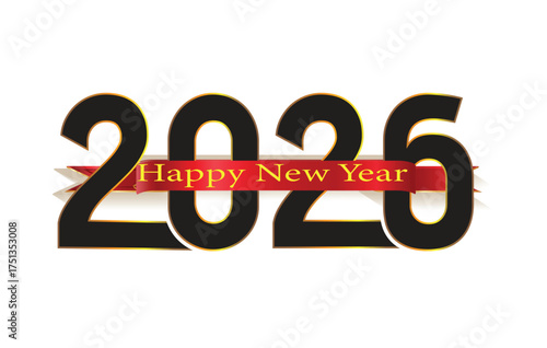 Happy New Year 2026 Vector Greeting with Red Ribbon Banner - Bold Black and Gold Typography Graphic for Corporate Holidays and Elegant Celebration.