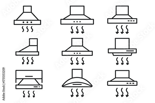 Different types of kitchen range hoods with ventilation system icons