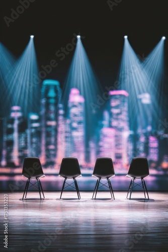 Panel discussion setup with four chairs illuminated by moody backlighting, creating an engaging atmosphere for an event in an urban setting with city skyline backdrop