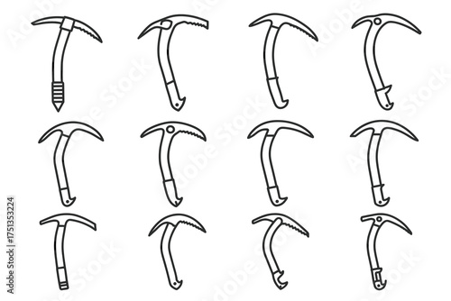 Set of minimalist ice axe illustrations in line art style for climbing and mountaineering
