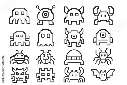 Pixel art icons of various 8-bit video game monsters and creatures