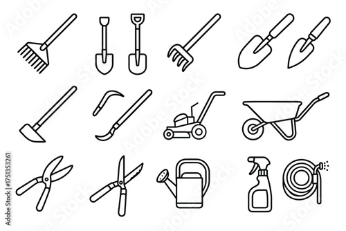 Outline icons of various gardening tools for landscaping and maintenance