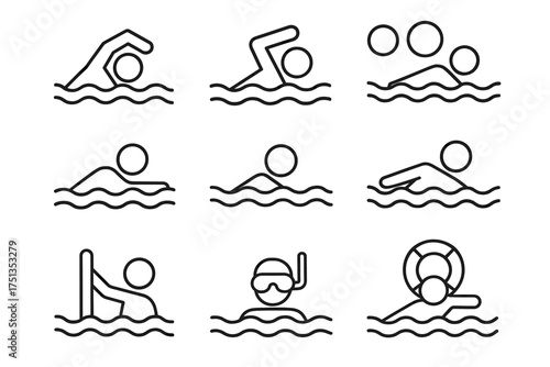 Icons of swimming activities: stroke techniques, lifesaving, snorkeling