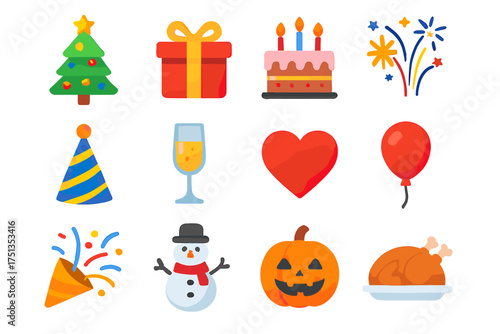 Festive holiday icons: christmas tree, birthday cake, fireworks, and halloween pumpkin