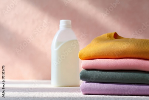 Horizontal close-up of colorful textiles and fabric softener, emphasizing soft texture and gentle cleaning with warm sunlight