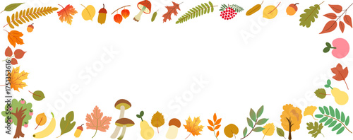 horizontal frame from autumn leaves and mushrooms in vector. Template for background, wallpaper, banner, backdrop, decoration