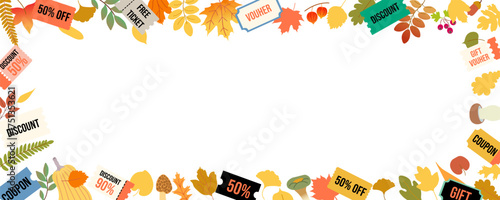 horizontal frame from autumn leaves, mushrooms and discount coupon in vector . Template for background, wallpaper, banner, backdrop, decoration
