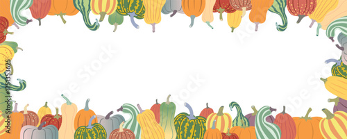 horizontal frame from colored pumpkins in vector.Template for background, wallpaper, banner, backdrop, decoration