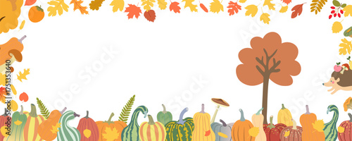 horizontal frame from autumn leaves, pumpkins and plants in vector . Template for background, wallpaper, banner, backdrop, decoration