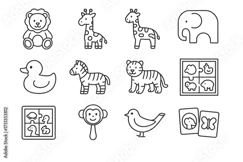 Cute animal outlines: lion, giraffe, elephant, duck, zebra, tiger, puzzle, monkey, bird