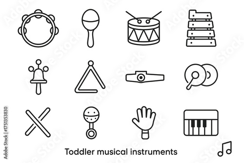 Simple line art of various toddler musical instruments for early education