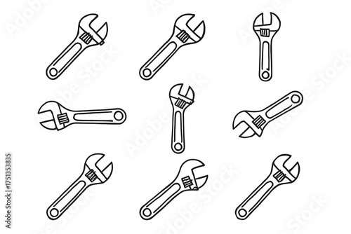 Pattern of hand-drawn adjustable wrenches in black and white outline