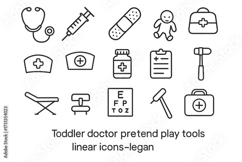 Set of linear icons featuring toddler doctor pretend play tools