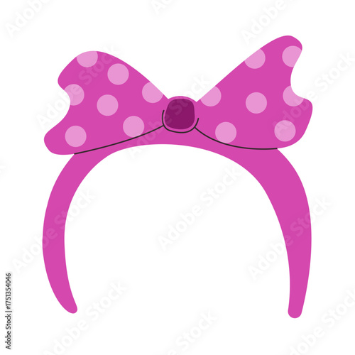 Vector illustration of pink polka dot headband with bow. Cute feminine accessory for beauty, spa, personal care design, women's party invitation.