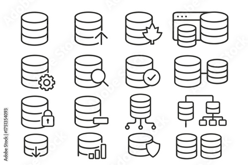 Set of database server icons with various technology and security themes