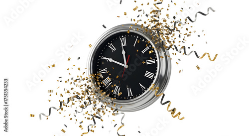 Wallpaper Mural A close-up shot of a silver clock with a black face, displaying a few minutes before the hour, with ribbons and confetti showering around it. The scene evokes a sense of anticipation and celebration Torontodigital.ca