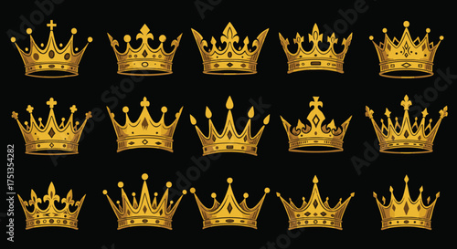 A large collection of ornate golden royal crowns isolated on a black background. Vector illustration set of heraldic monarchy symbols