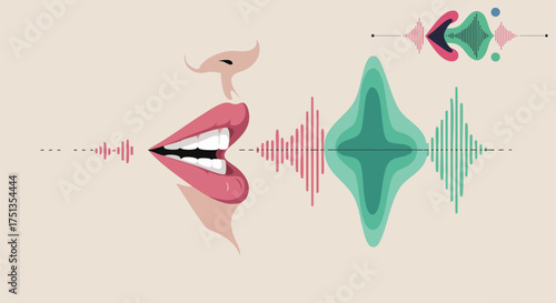 Voice analysis illustration showing sound waves and mouth movements in detail