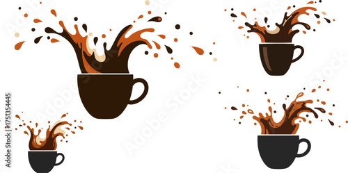Coffee cups splashing with liquid in pixelated style against a black background