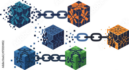 Digital blockchain network with connected blocks representing secure data transfer