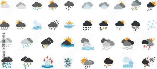 Pixelated weather icons showing different conditions like sun rain snow and storm