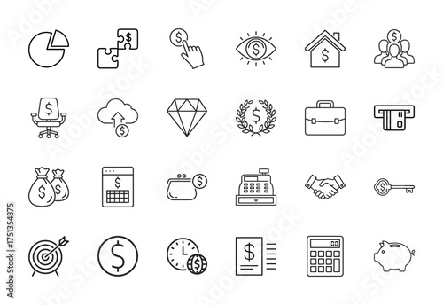 Finance line icon set. Vector pictograms of money bags, calculator, briefcase, handshake, credit card, house, target, diamond, cash register, and piggy bank, thin linear illustration.