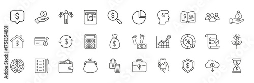 Finance and business line icon set. Vector pictograms of hand coin, ATM, money bag, credit card, calculator, chart, wallet, padlock, briefcase, shield, and hourglass, thin linear illustration.