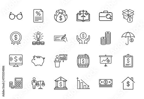 Finance and business line icon set. Vector pictograms of money, banking, law, investment, and economy concepts, thin linear illustration.