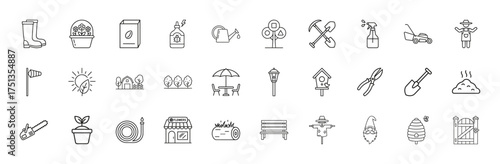 Gardening line icon set. Vector pictograms of garden boots, potted flowers, watering can, tools, lawnmower, birdhouse, scarecrow, and farm gate, thin linear illustration.